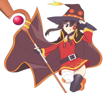 Megumin from KonoSuba - God’s Blessing on this Wonderful World!! poses confidently in her iconic red mage outfit, holding her staff, in this vibrant HD desktop wallpaper.
