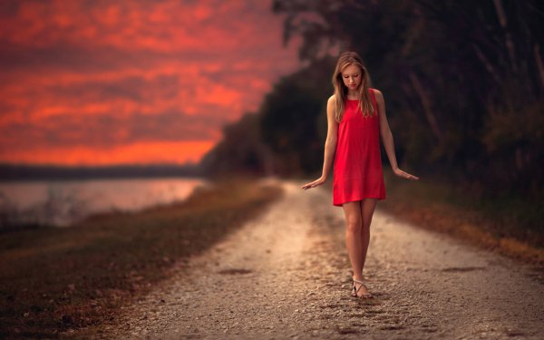 Women Model Outdoor Bokeh Blonde Red Dress HD Wallpaper | Background Image