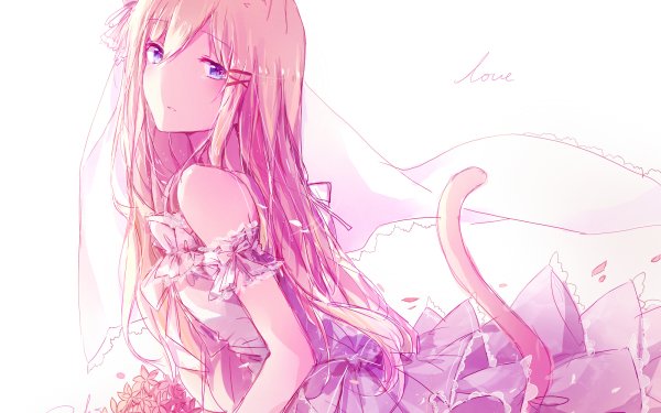 Anime Original Long Hair Pink Hair Animal Ears Tail Blush Blue Eyes Dress Flower bow HD Wallpaper | Background Image