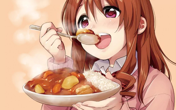 Anime-style HD wallpaper of Ryou Machiko from Gourmet Girl Graffiti with long brown hair and red eyes, blushing as she eats a spoonful of rice and curry.