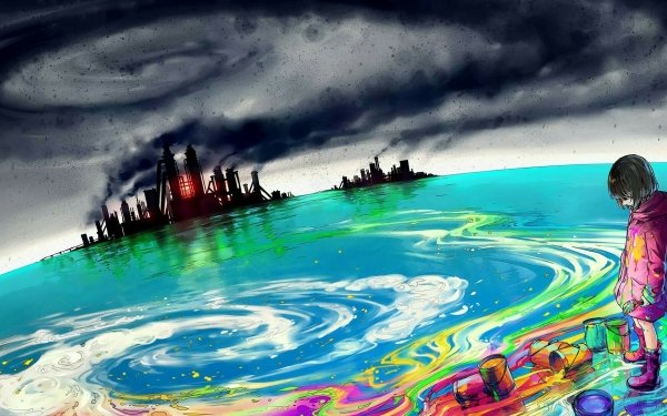 Anime Original Ocean Factory Smoke Pollution Paint Sky Colors HD Wallpaper | Background Image