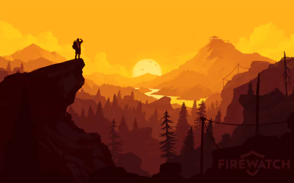 A stunning HD wallpaper from the video game Firewatch, featuring a silhouetted figure on a cliff against a vibrant sunset, surrounded by mountains and forests.
