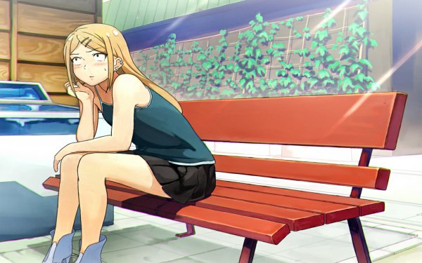 Anime Dagashi Kashi Endou Saya Bench Earrings Piercing High Heels Skirt Blonde Long Hair Blush HD Wallpaper | Background Image