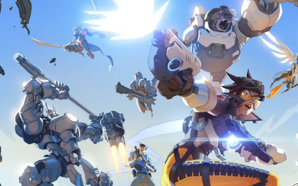 HD wallpaper featuring Overwatch characters Mercy, Reinhardt, Winston, and Tracer in an action-packed scene with a clear blue sky background.
