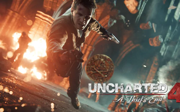 HD desktop wallpaper of Nathan Drake from the video game Uncharted 4: A Thief's End featuring an action-packed scene with explosions and dramatic lighting.