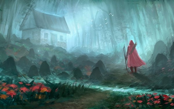Fantasy Red Riding Hood Cape House Forest Bow Woman Warrior HD Wallpaper | Background Image
