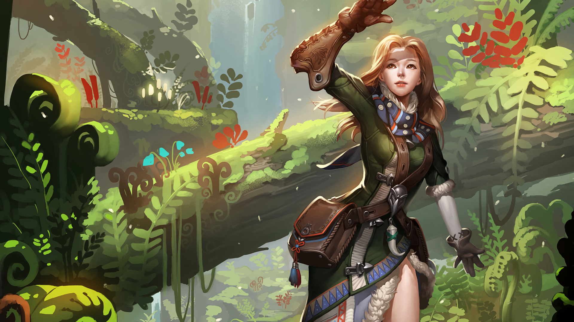 Fantasy-themed HD PC desktop wallpaper featuring a confident woman in detailed armor standing in a lush, vibrant forest setting with glowing plants and mystical atmosphere.