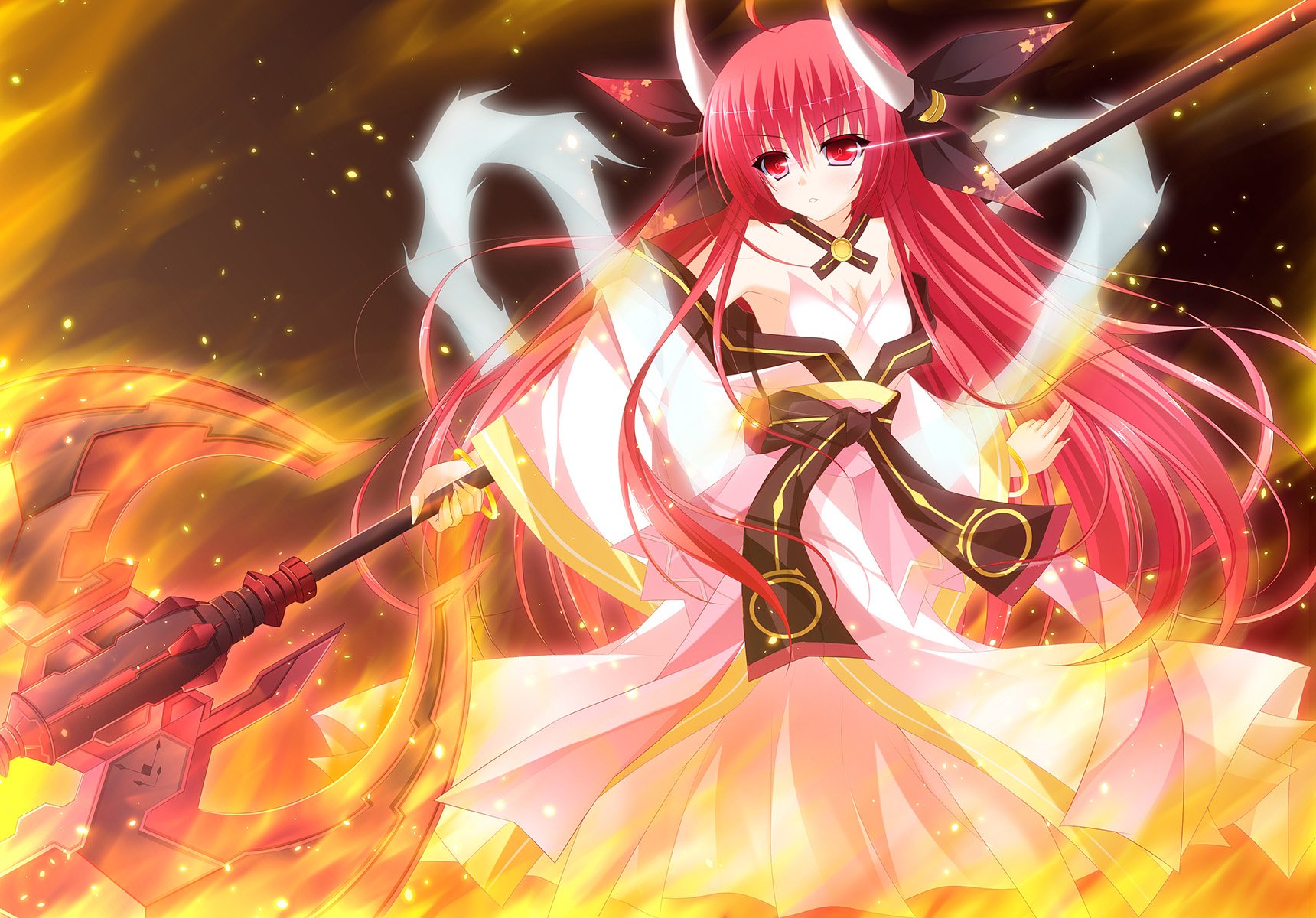 A vibrant HD wallpaper featuring a character from Date A Live, wielding a large weapon amidst swirling flames, with long pink hair and an intense gaze.