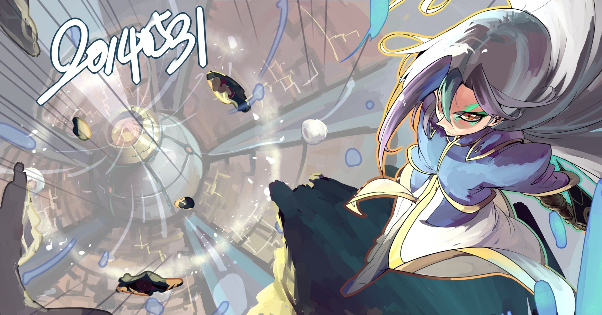 HD PC desktop wallpaper featuring dynamic anime art from Yu-Gi-Oh! Zexal, showcasing a character with flowing hair in a futuristic, spiraling cityscape background.