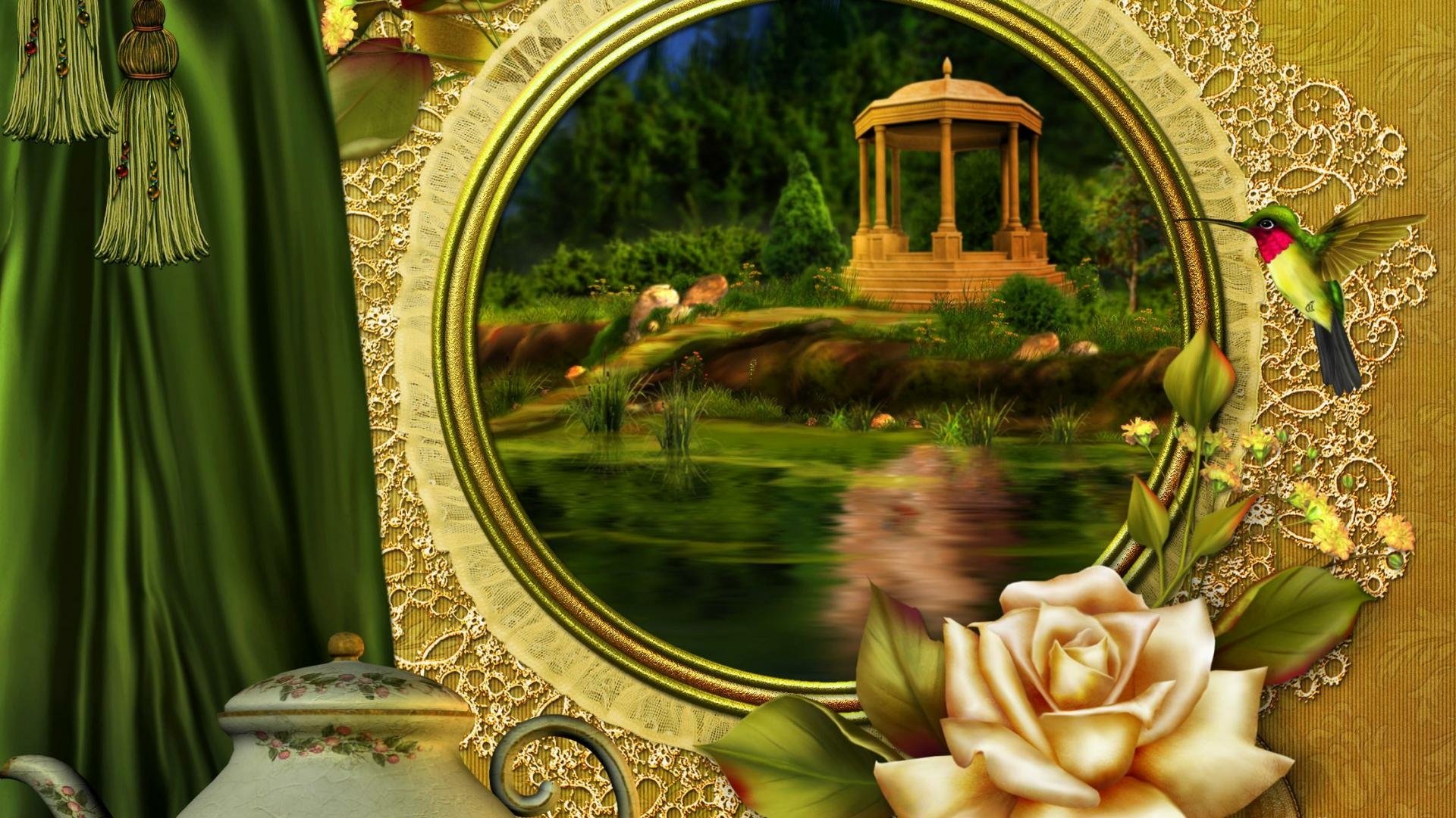 Artistic collage HD PC desktop wallpaper: hummingbird hovers by a rose in an ornate gold frame, revealing a tranquil pond with a gazebo and decorative embellishments.