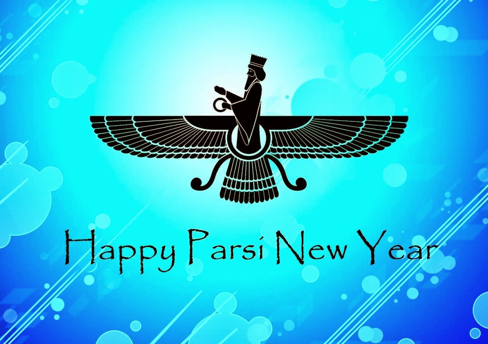 HD PC desktop wallpaper celebrating Nowruz with a stylized Faravahar symbol on a bright blue background and the text Happy Parsi New Year for the holiday.