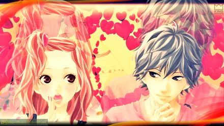 A colorful HD desktop wallpaper featuring Futaba Yoshioka and Kou Mabuchi from the anime Ao Haru Ride, surrounded by hearts and vibrant backgrounds.