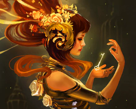A fantasy-themed image featuring a brunette woman adorned with flowers, holding a magical key against a mystical background, creating an enchanting atmosphere in stunning 4K Ultra HD.