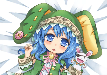A vibrant HD wallpaper featuring Yoshino from Date A Live, showcasing her blue hair and blue eyes, adorned in a playful green outfit with a cute bunny companion.