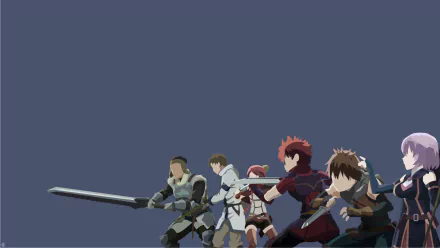 A high-definition wallpaper featuring characters from *Grimgar of Fantasy and Ash*: Moguzo, Ranta, Manato, Shihoru, Yume, and Haruhiro, posed dramatically with weapons ready.