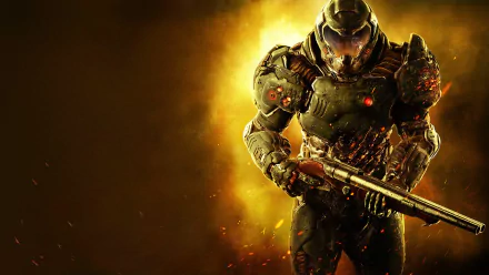 HD desktop wallpaper featuring Doomguy from the video game Doom (2016). The scene depicts the armored character holding a weapon against a fiery background, exuding intense and gritty energy.