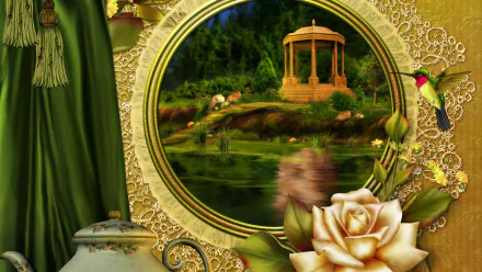 Artistic collage HD PC desktop wallpaper: hummingbird hovers by a rose in an ornate gold frame, revealing a tranquil pond with a gazebo and decorative embellishments.