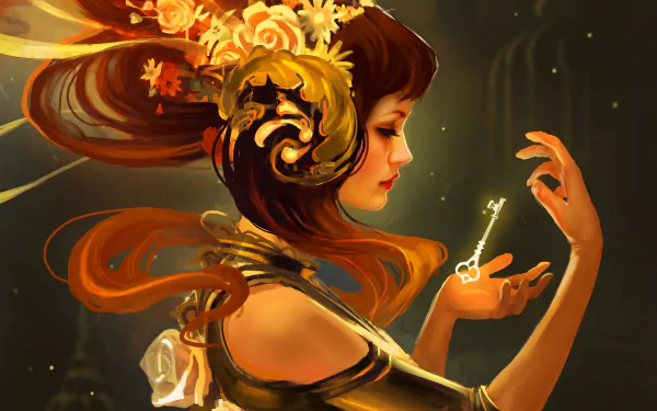A fantasy-themed image featuring a brunette woman adorned with flowers, holding a magical key against a mystical background, creating an enchanting atmosphere in stunning 4K Ultra HD.