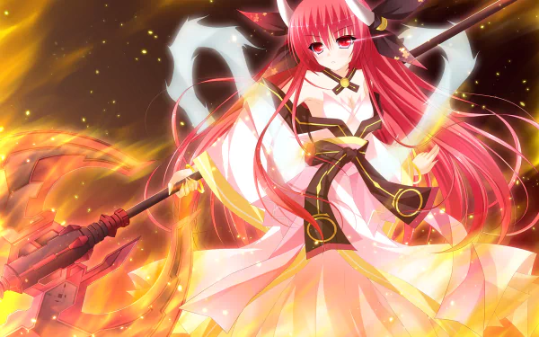 A vibrant HD wallpaper featuring a character from Date A Live, wielding a large weapon amidst swirling flames, with long pink hair and an intense gaze.