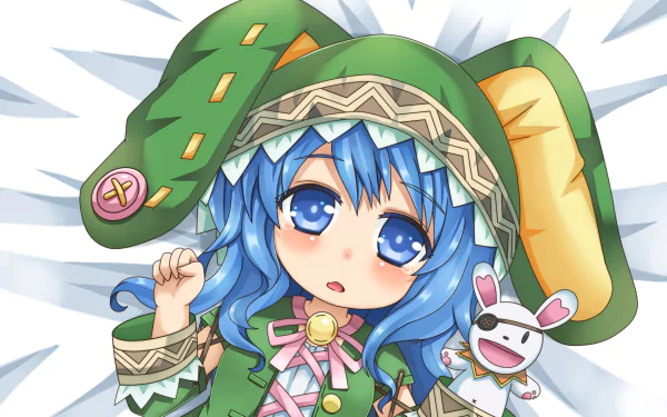 A vibrant HD wallpaper featuring Yoshino from Date A Live, showcasing her blue hair and blue eyes, adorned in a playful green outfit with a cute bunny companion.