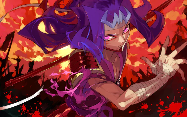 Anime Yu-Gi-Oh! Zexal HD desktop wallpaper: purple-haired duelist with bandaged arm, smirking amid red-orange flames and jagged black silhouettes under a crimson sky.