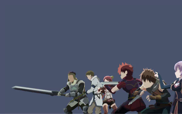 A high-definition wallpaper featuring characters from *Grimgar of Fantasy and Ash*: Moguzo, Ranta, Manato, Shihoru, Yume, and Haruhiro, posed dramatically with weapons ready.