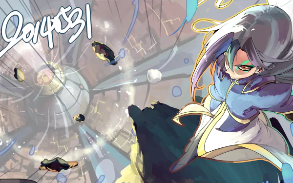 HD PC desktop wallpaper featuring dynamic anime art from Yu-Gi-Oh! Zexal, showcasing a character with flowing hair in a futuristic, spiraling cityscape background.