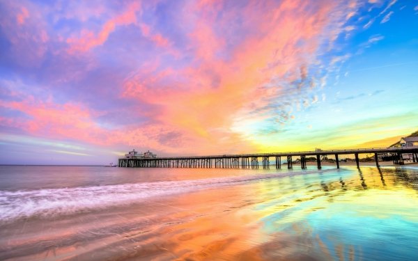 Man Made Pier California Beach Ocean Sky Sunset Pink Purple HD Wallpaper | Background Image