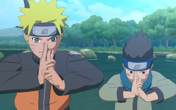 HD PC desktop wallpaper of Naruto Uzumaki and Konohamaru Sarutobi from the video game Naruto Shippuden: Ultimate Ninja Storm 4, performing hand signs at a lakeside setting.