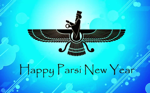 HD PC desktop wallpaper celebrating Nowruz with a stylized Faravahar symbol on a bright blue background and the text Happy Parsi New Year for the holiday.