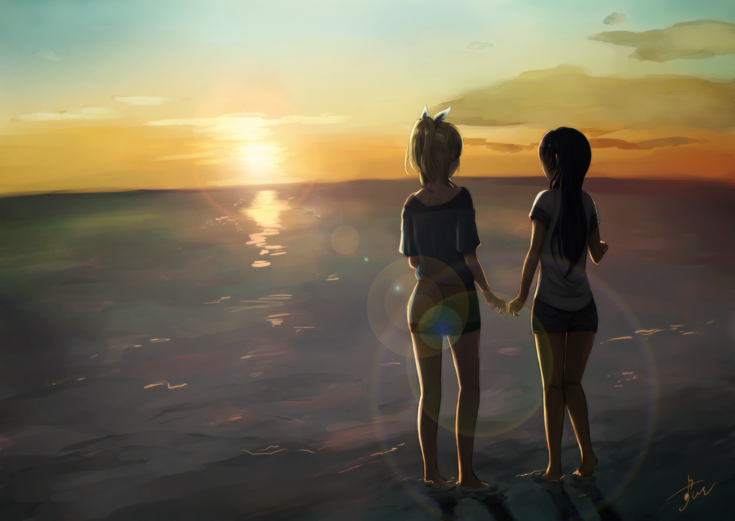 Umi Sonoda and Eri Ayase stand hand in hand on a beach at sunset, with the sky painted in hues of orange and purple, capturing a serene moment in this anime-inspired HD wallpaper.