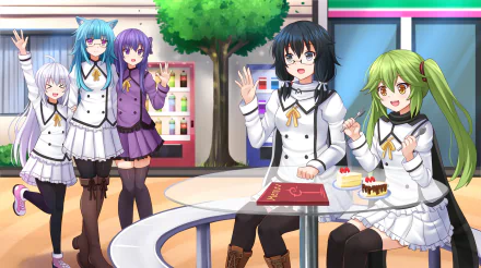 HD PC desktop wallpaper: anime crossover of Shino Asada, Restia Ashdoll and Kanzashi Sarashiki with friends laughing at a café table, bright colorful background.