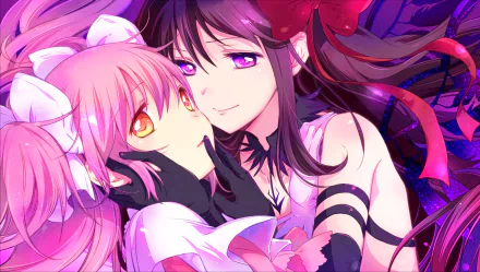 HD anime desktop wallpaper featuring Homura Akuma embracing Ultimate Madoka, from Puella Magi Madoka Magica, with vibrant colors and detailed character designs.