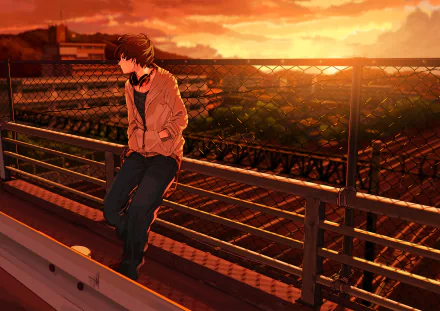 An anime boy wearing headphones leans against a fence, gazing at a vibrant sunset. The scene captures a tranquil moment of reflection in a beautifully rendered background.