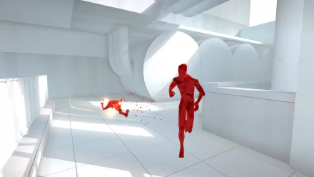 HD desktop wallpaper from the game SUPERHOT featuring a red figure in a minimalistic white environment.