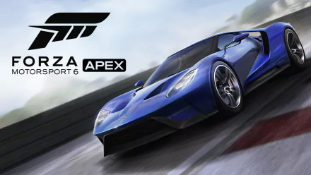 HD PC desktop wallpaper featuring a blue sports car from the video game Forza Motorsport 6: Apex in action on a racetrack.
