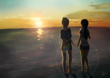 Umi Sonoda and Eri Ayase stand hand in hand on a beach at sunset, with the sky painted in hues of orange and purple, capturing a serene moment in this anime-inspired HD wallpaper.