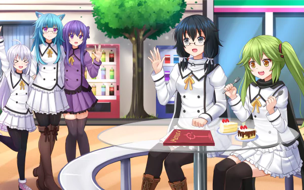HD PC desktop wallpaper: anime crossover of Shino Asada, Restia Ashdoll and Kanzashi Sarashiki with friends laughing at a café table, bright colorful background.
