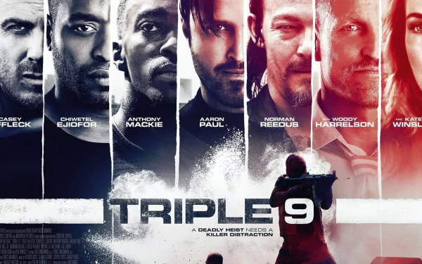 HD desktop wallpaper of Triple 9 with a collage of characters above the title and a silhouette below.