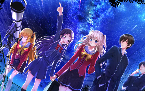 HD desktop wallpaper featuring characters from the anime Charlotte. The scene depicts a group of students stargazing under a stunning night sky with a telescope.
