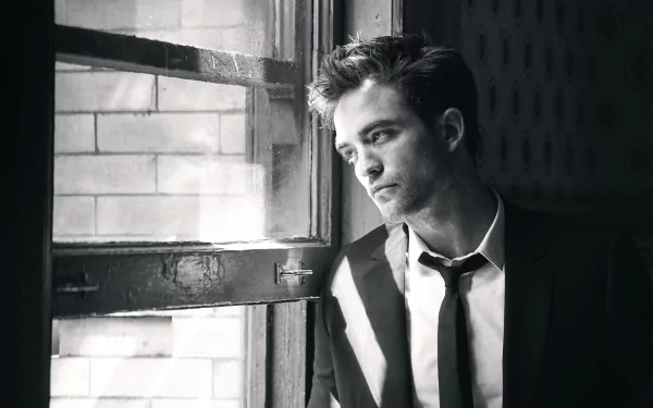 A black and white image of English actor Robert Pattinson in a suit, gazing thoughtfully out of a window, featuring a moody atmosphere for a striking desktop wallpaper.