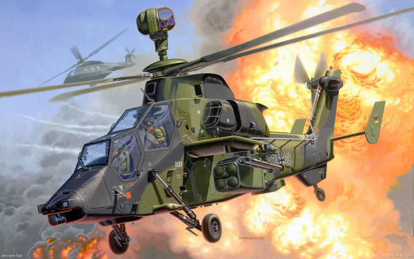 A Eurocopter Tiger military attack helicopter flies in front of a large explosion in this HD desktop wallpaper background.