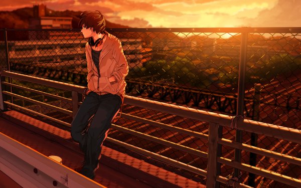Anime Boy Headphones Sunset Fence HD Wallpaper | Background Image