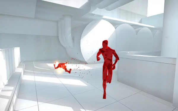 HD desktop wallpaper from the game SUPERHOT featuring a red figure in a minimalistic white environment.