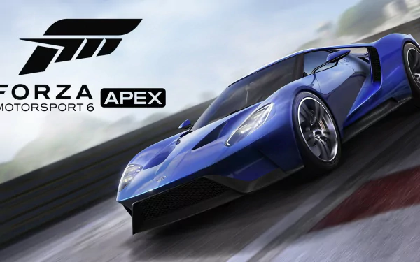 HD PC desktop wallpaper featuring a blue sports car from the video game Forza Motorsport 6: Apex in action on a racetrack.