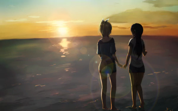 Umi Sonoda and Eri Ayase stand hand in hand on a beach at sunset, with the sky painted in hues of orange and purple, capturing a serene moment in this anime-inspired HD wallpaper.