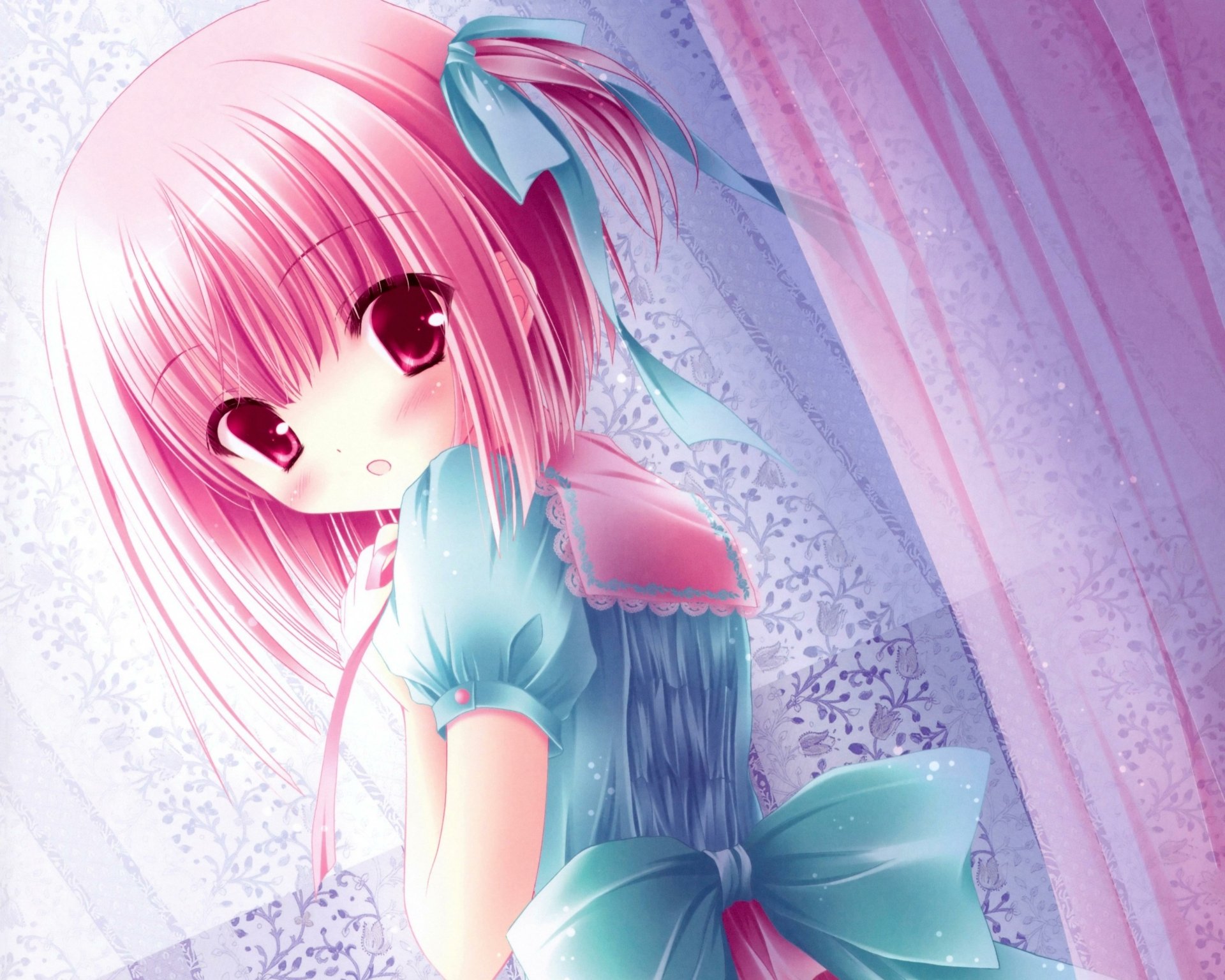 Cute original anime girl with pink hair and big eyes in a frilly teal dress against pastel curtains — 4K Ultra HD PC wallpaper/background.