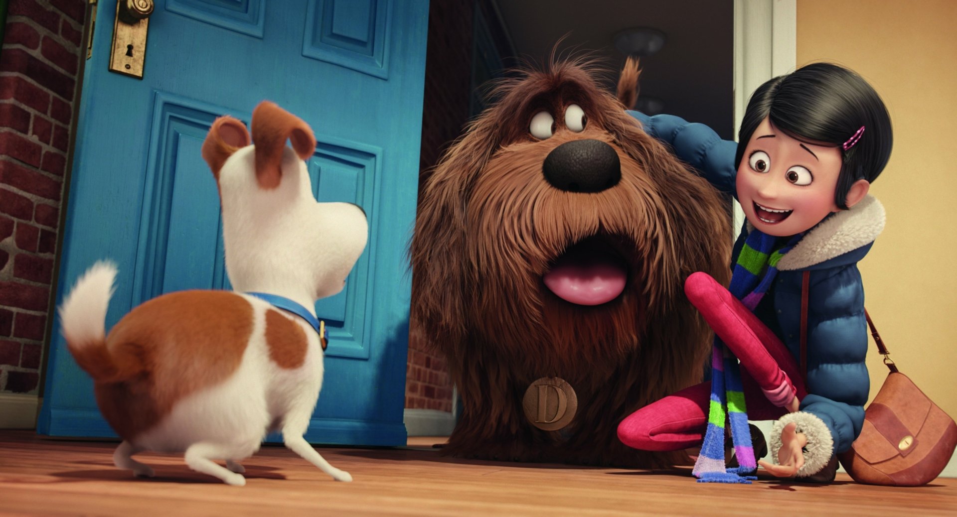 A scene from the movie The Secret Life of Pets featuring a girl interacting with a large brown dog and a small white dog at a blue door, set as a vibrant HD desktop wallpaper.