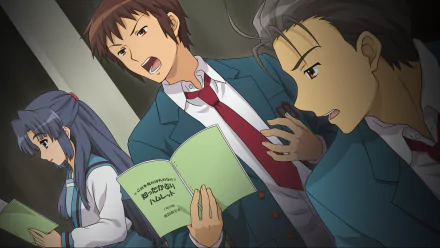 HD desktop wallpaper featuring Taniguchi, Ryōko Asakura, and Kyon from The Melancholy of Haruhi Suzumiya anime, captured in a dynamic classroom scene.
