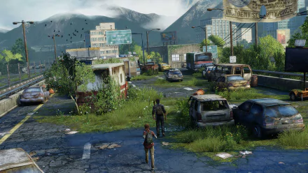 A lush, overgrown highway scene from The Last of Us features Ellie and Joel navigating a post-apocalyptic world, surrounded by abandoned vehicles and urban decay.